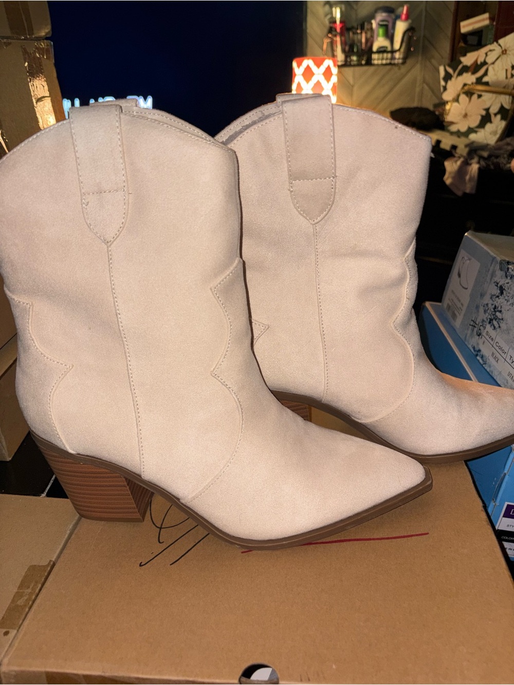 Amazon Cream Western Style Pointed Toe Ankle Boots